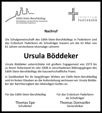 Traueranzeige von Ursula Böddeker von Westfalen Blatt