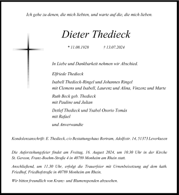 Traueranzeige von Dieter Thedieck von Westfalen Blatt