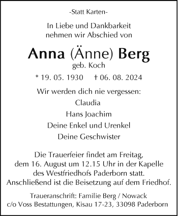 Traueranzeige von Anna Berg von Westfalen Blatt