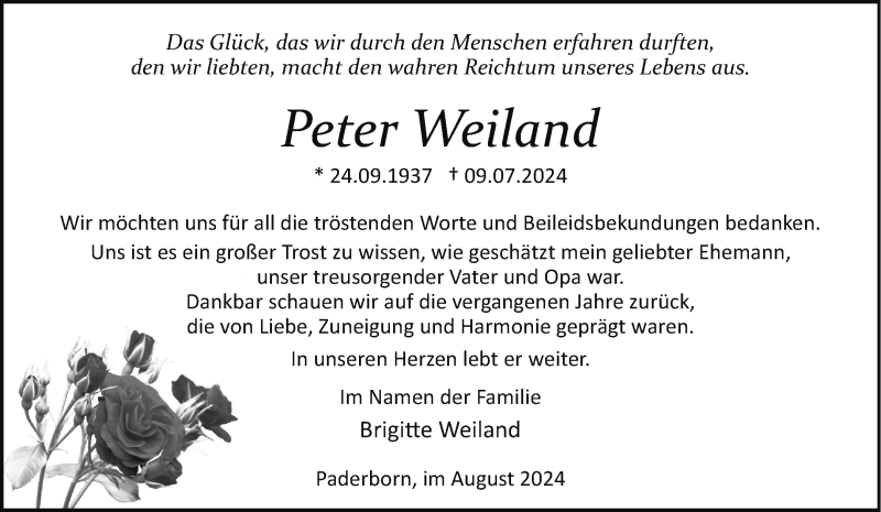  Traueranzeige für Peter Weiland vom 03.08.2024 aus Westfalen Blatt