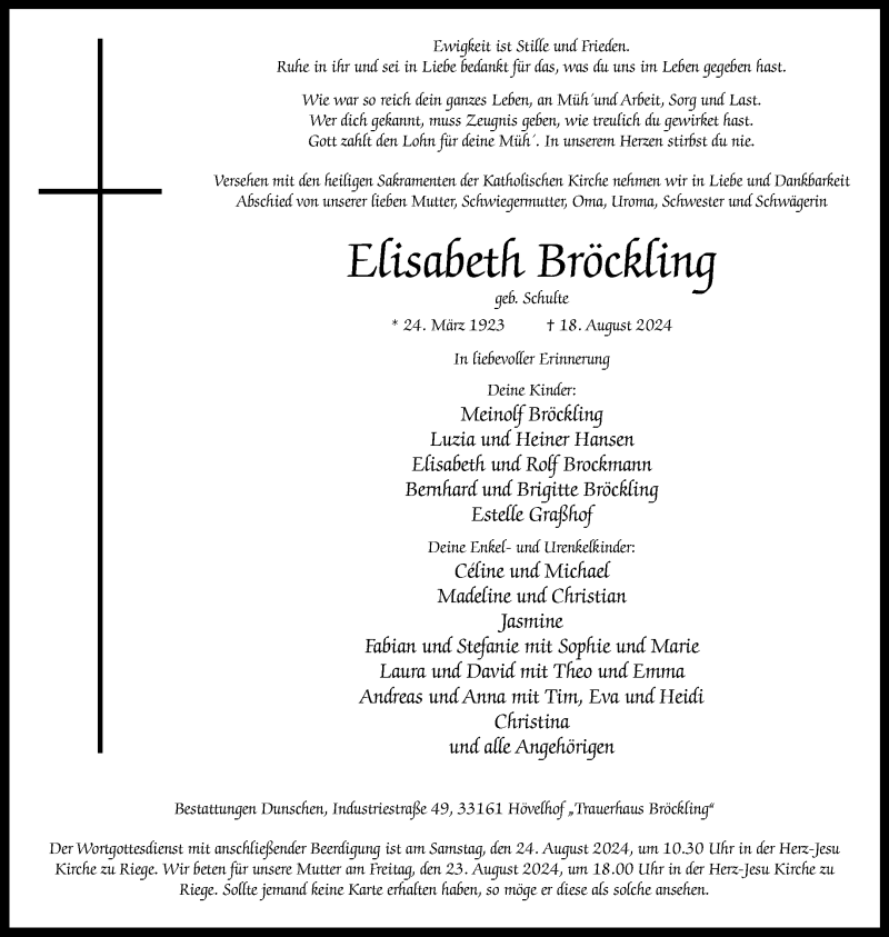  Traueranzeige für Elisabeth Bröckling vom 21.08.2024 aus Westfalen Blatt