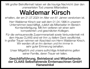 Traueranzeige von Waldemar Kirsch von Westfalen Blatt