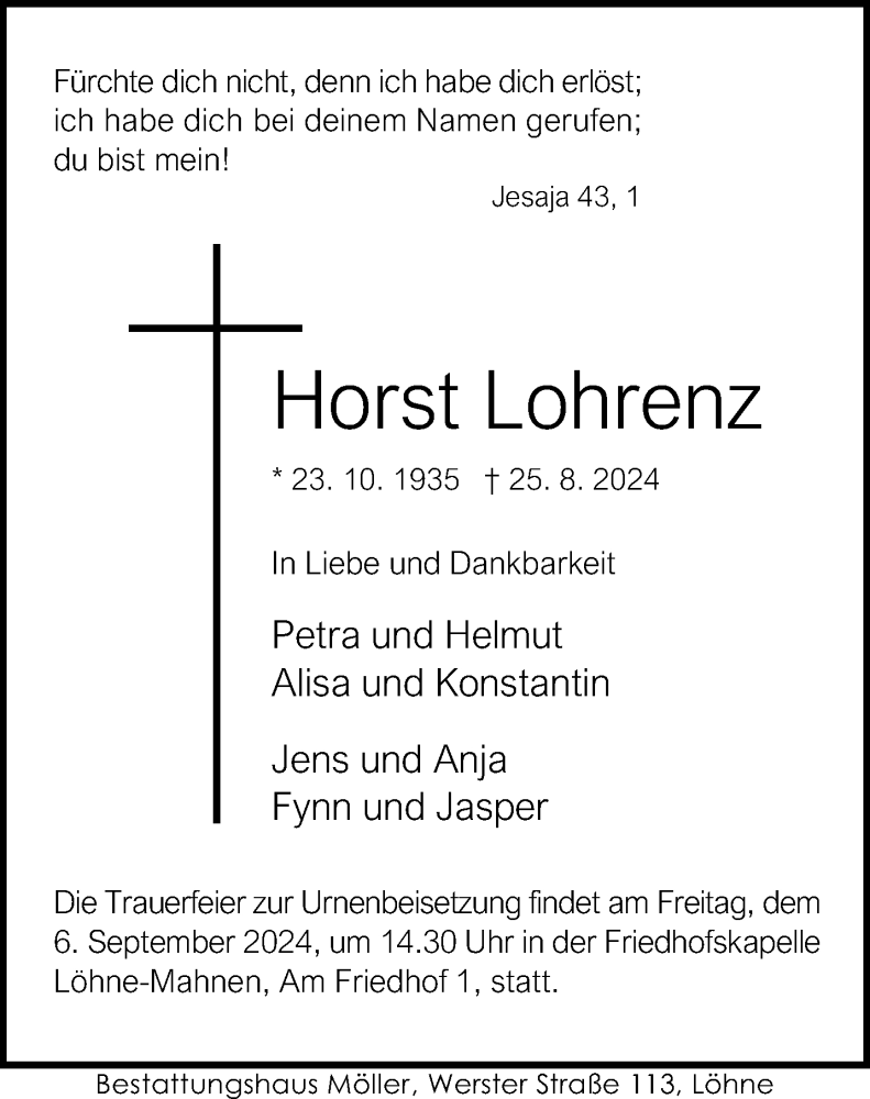  Traueranzeige für Horst Lohrenz vom 31.08.2024 aus Westfalen Blatt