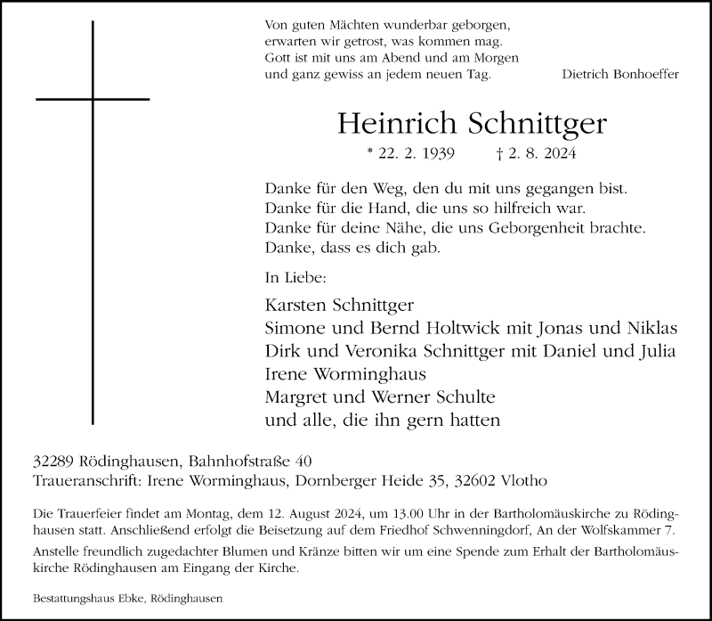  Traueranzeige für Heinrich Schnittger vom 07.08.2024 aus Westfalen Blatt