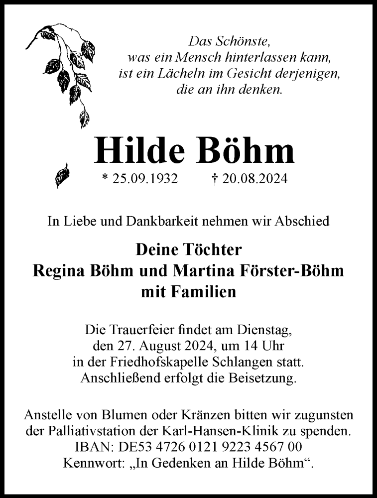  Traueranzeige für Hilde Böhm vom 24.08.2024 aus Westfalen Blatt