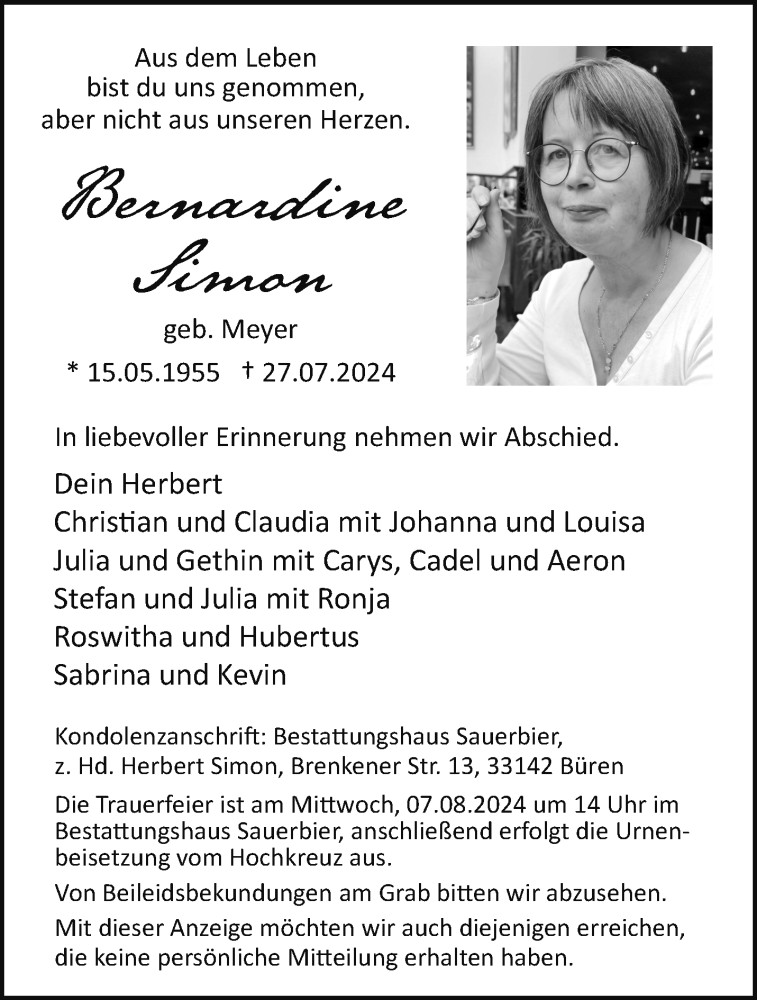  Traueranzeige für Bernardine Simon vom 03.08.2024 aus Westfalen Blatt