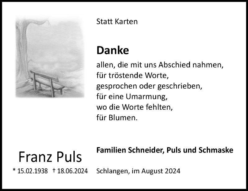  Traueranzeige für Franz Puls vom 10.08.2024 aus Westfalen Blatt