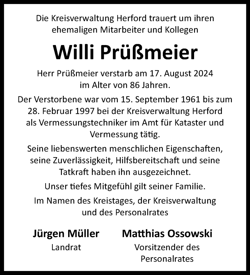  Traueranzeige für Willi Prüßmeier vom 24.08.2024 aus Westfalen Blatt