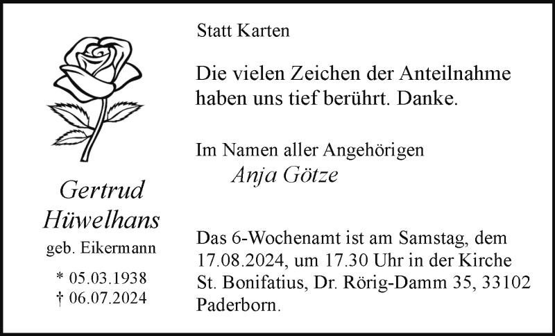  Traueranzeige für Gertrud Hüwelhans vom 10.08.2024 aus Westfalen Blatt