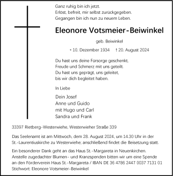 Traueranzeige von Eleonore Votsmeier-Beiwinkel von Westfalen Blatt