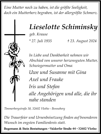 Traueranzeige von Lieselotte Schiminsky von Westfalen Blatt