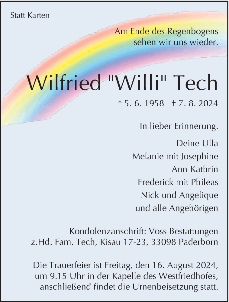  Traueranzeige für Wilfried Tech vom 10.08.2024 aus Westfalen Blatt