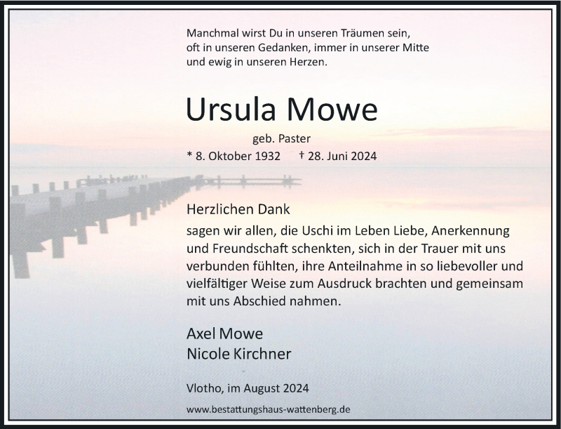  Traueranzeige für Ursula Mowe vom 17.08.2024 aus Westfalen Blatt