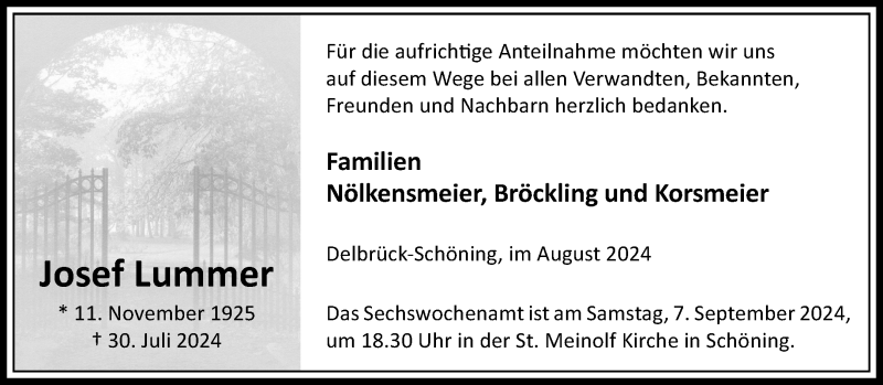  Traueranzeige für Josef Lummer vom 31.08.2024 aus Westfalen Blatt