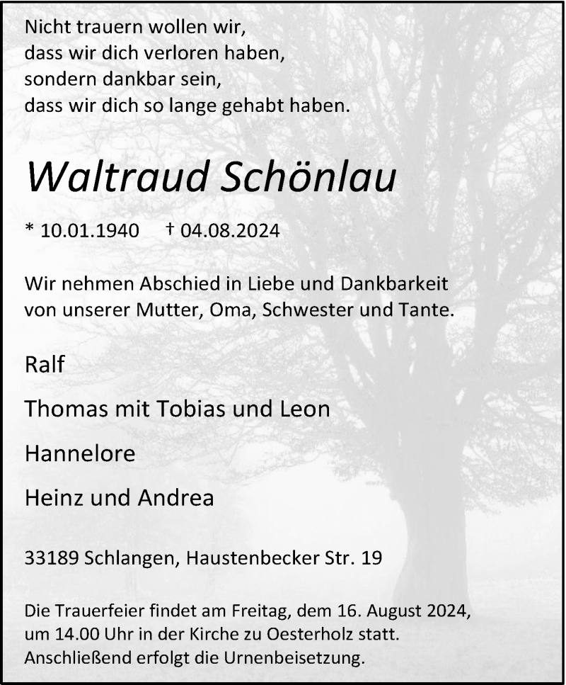  Traueranzeige für Waltraud Schönlau vom 10.08.2024 aus Westfalen Blatt