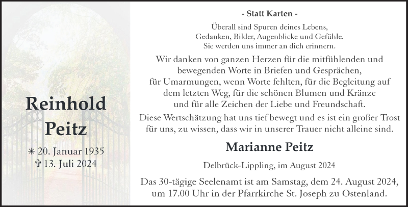  Traueranzeige für Reinhold Peitz vom 17.08.2024 aus Westfalen Blatt