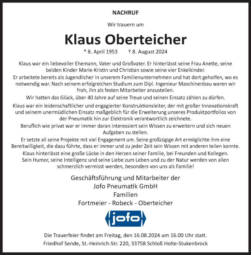  Traueranzeige für Klaus Oberteicher vom 14.08.2024 aus Westfalen Blatt