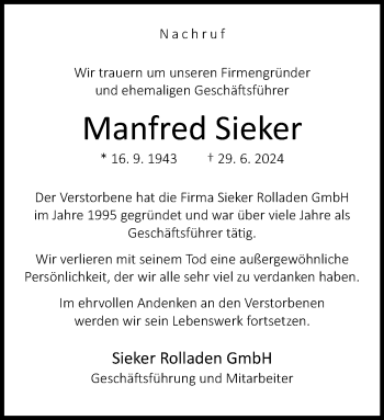 Traueranzeige von Manfred Sieker von Westfalen Blatt
