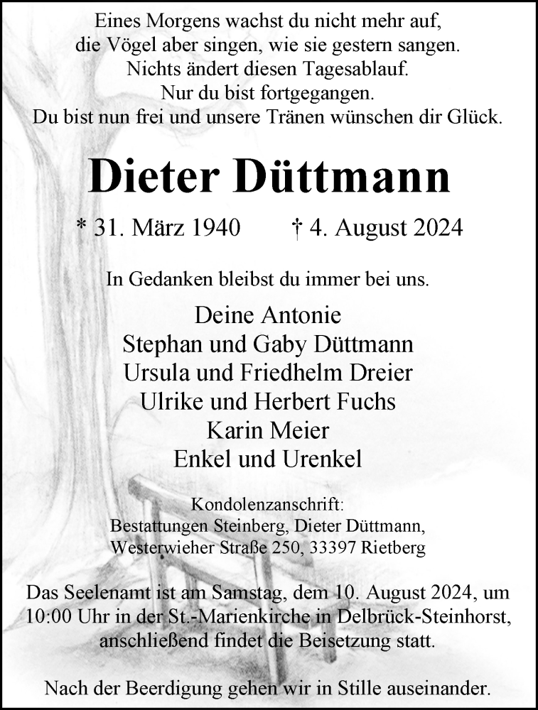  Traueranzeige für Dieter Düttmann vom 07.08.2024 aus Westfalen Blatt