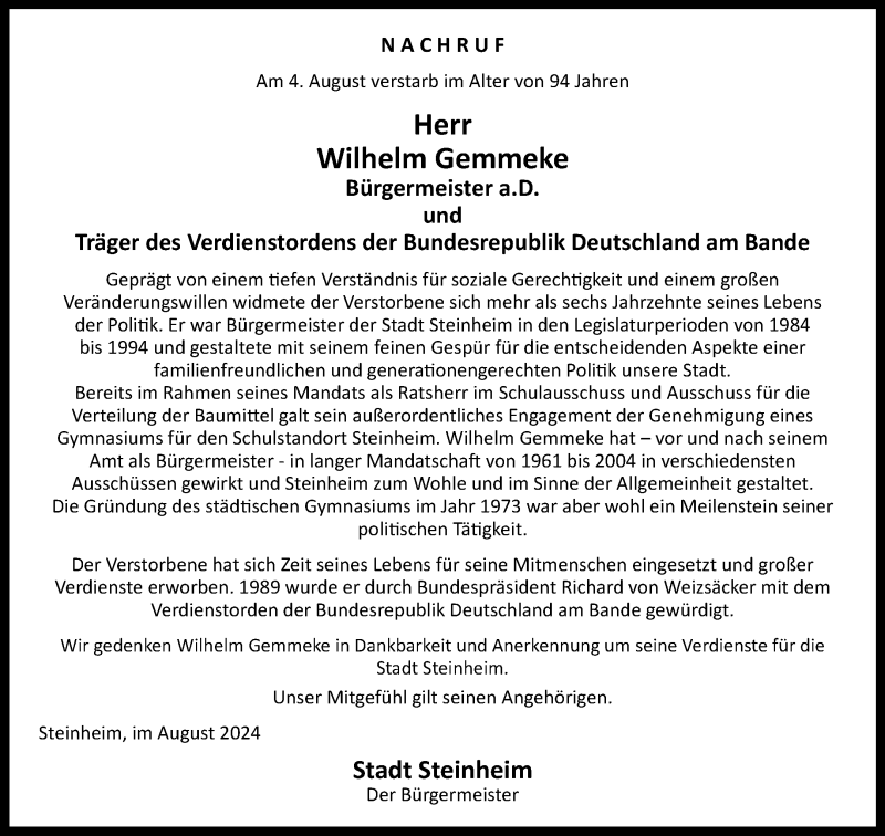 Traueranzeige für Wilhelm Gemmeke vom 07.08.2024 aus Westfalen Blatt