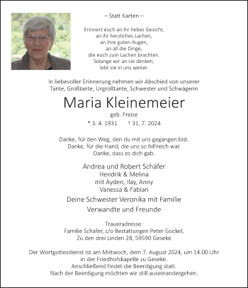 Traueranzeige von Maria Kleinemeier von Westfalen Blatt