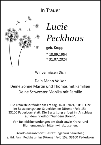 Traueranzeige von Lucie Peckhaus von Westfalen Blatt