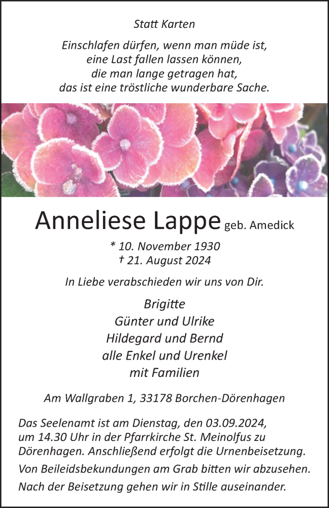  Traueranzeige für Anneliese Lappe vom 28.08.2024 aus Westfalen Blatt