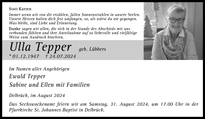  Traueranzeige für Ulla Tepper vom 24.08.2024 aus Westfalen Blatt