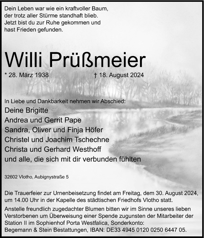  Traueranzeige für Willi Prüßmeier vom 24.08.2024 aus Westfalen Blatt