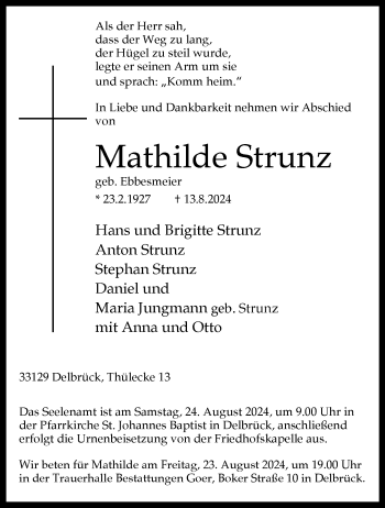 Traueranzeige von Mathilde Strunz von Westfalen Blatt