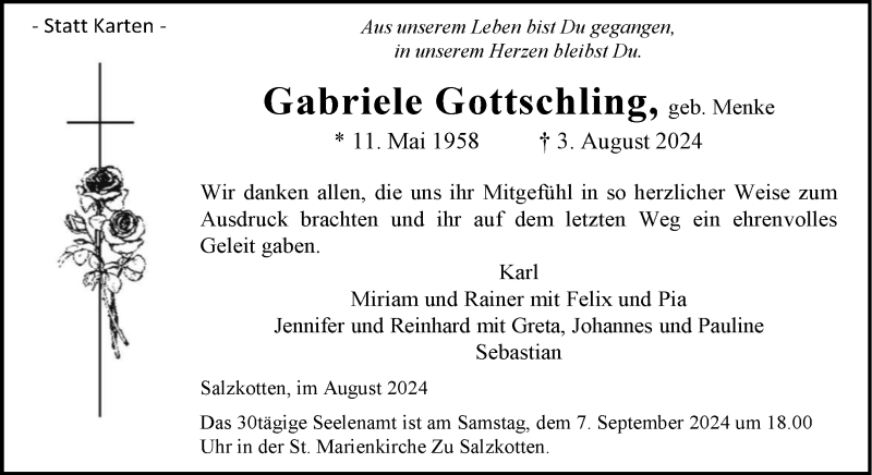  Traueranzeige für Gabriele Gottschling vom 31.08.2024 aus Westfalen Blatt