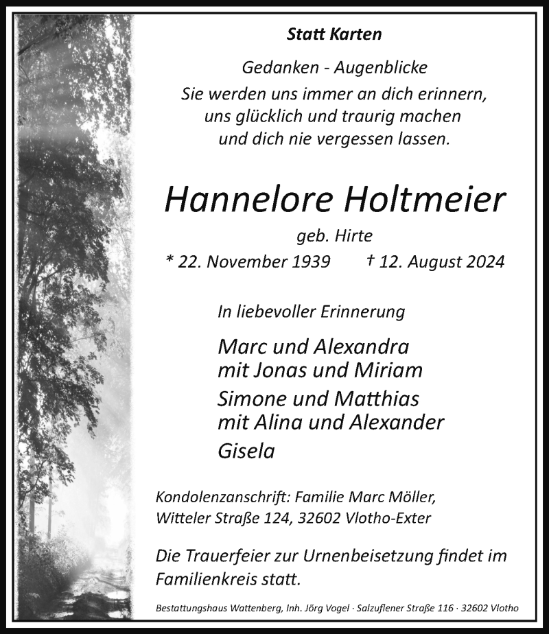  Traueranzeige für Hannelore Holtmeier vom 17.08.2024 aus Westfalen Blatt