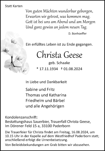 Traueranzeige von Christa Geese von Westfalen Blatt