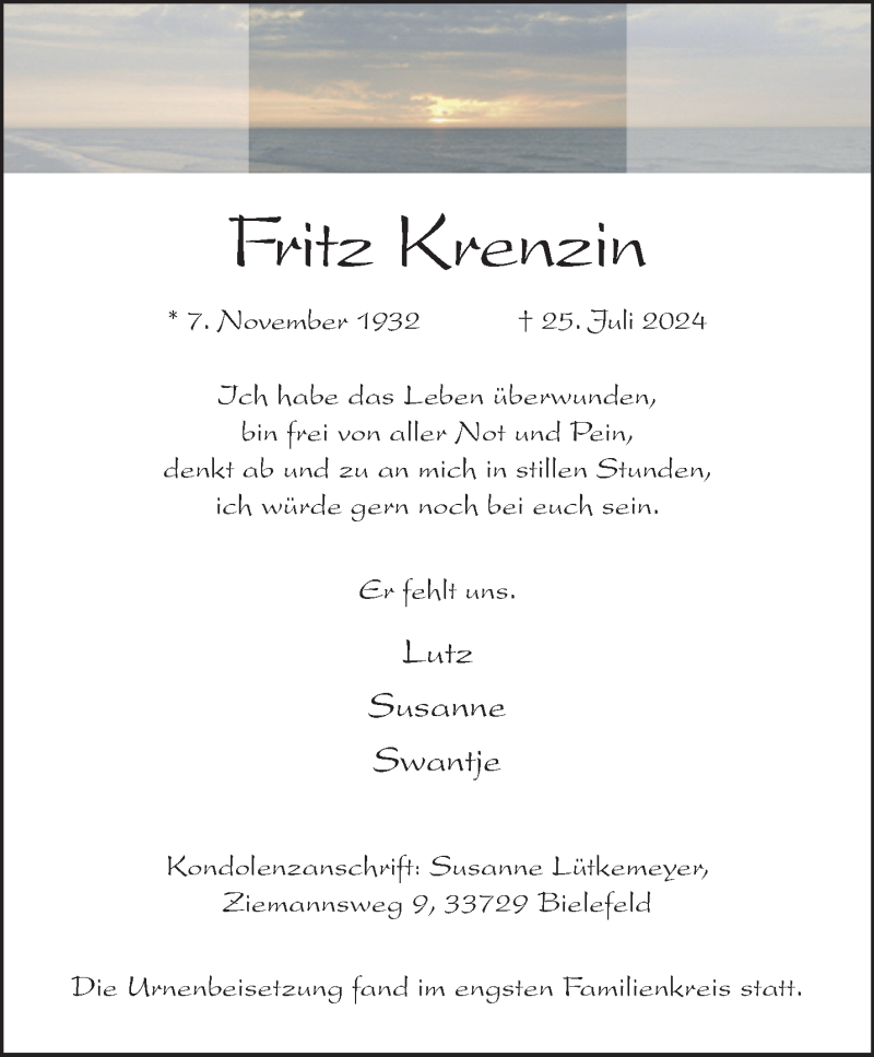  Traueranzeige für Fritz Krenzin vom 10.08.2024 aus Westfalen Blatt