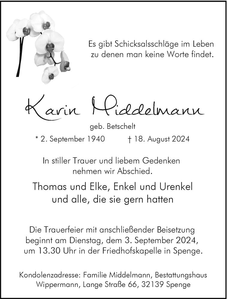  Traueranzeige für Karin Middelmann vom 24.08.2024 aus Westfalen Blatt