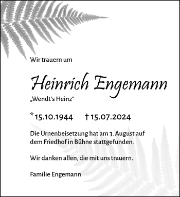 Traueranzeige von Heinrich Engemann von Westfalen Blatt