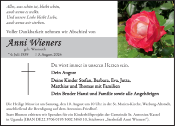 Traueranzeige von Anni Wieners von Westfalen Blatt