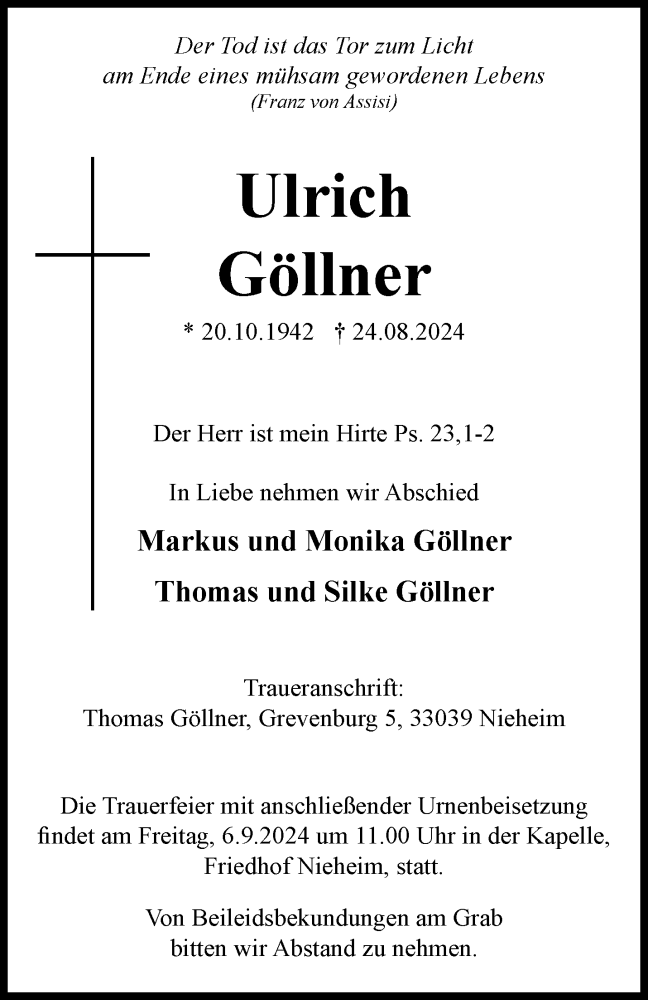  Traueranzeige für Ulrich Göllner vom 28.08.2024 aus Westfalen Blatt