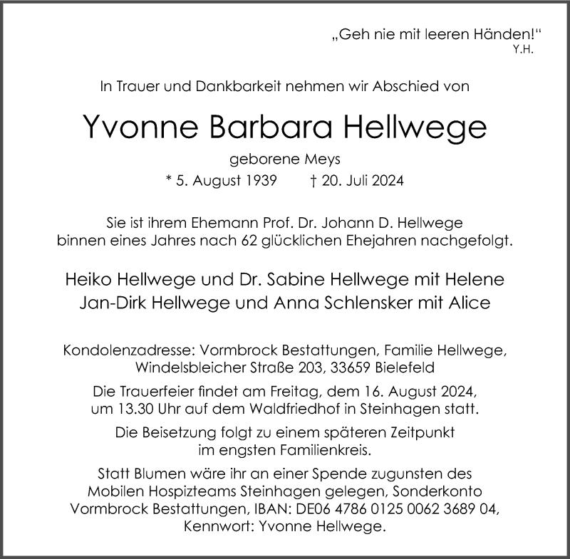  Traueranzeige für Yvonne Barbara Hellwege vom 03.08.2024 aus Westfalen Blatt