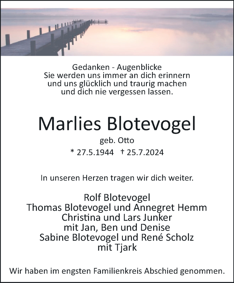  Traueranzeige für Marlies Blotevogel vom 24.08.2024 aus Westfalen Blatt