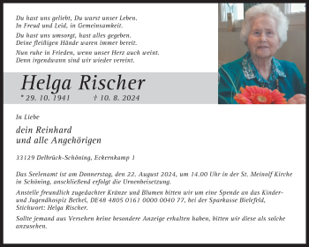 Traueranzeige von Helga Rischer von Westfalen Blatt