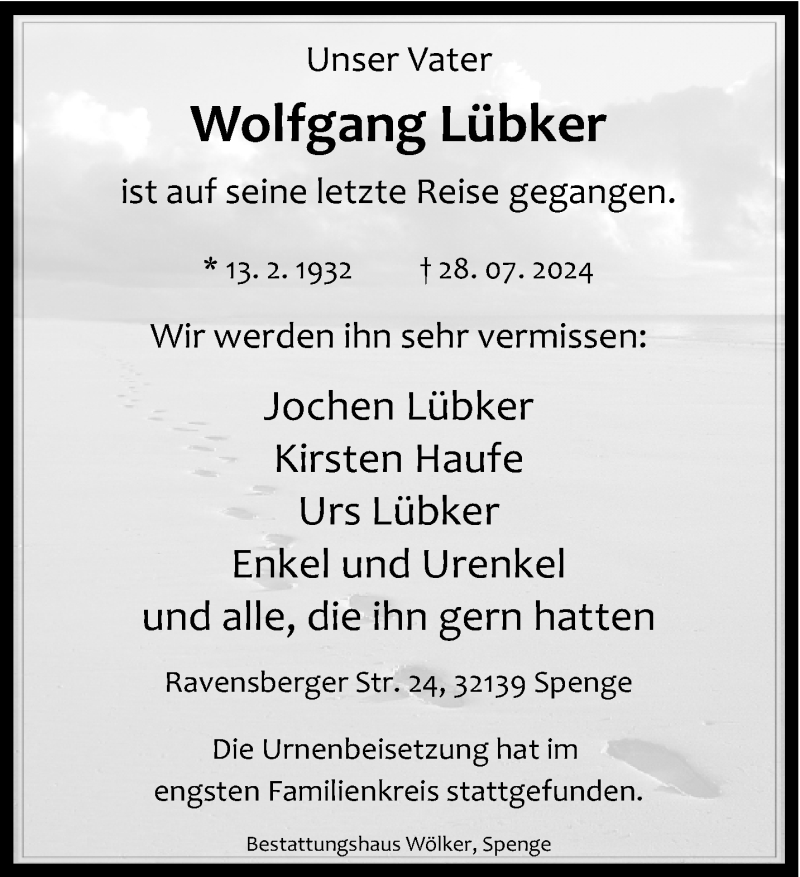  Traueranzeige für Wolfgang Lübker vom 17.08.2024 aus Westfalen Blatt