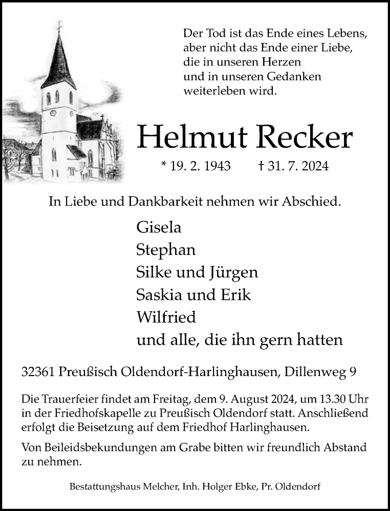 Traueranzeige für Helmut Recker vom 03.08.2024 aus Westfalen Blatt