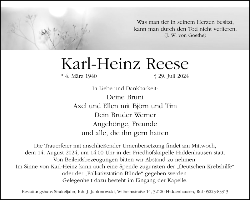  Traueranzeige für Karl-Heinz Reese vom 10.08.2024 aus Westfalen Blatt