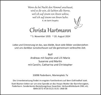 Traueranzeige von Christa Hartmann von Westfalen Blatt