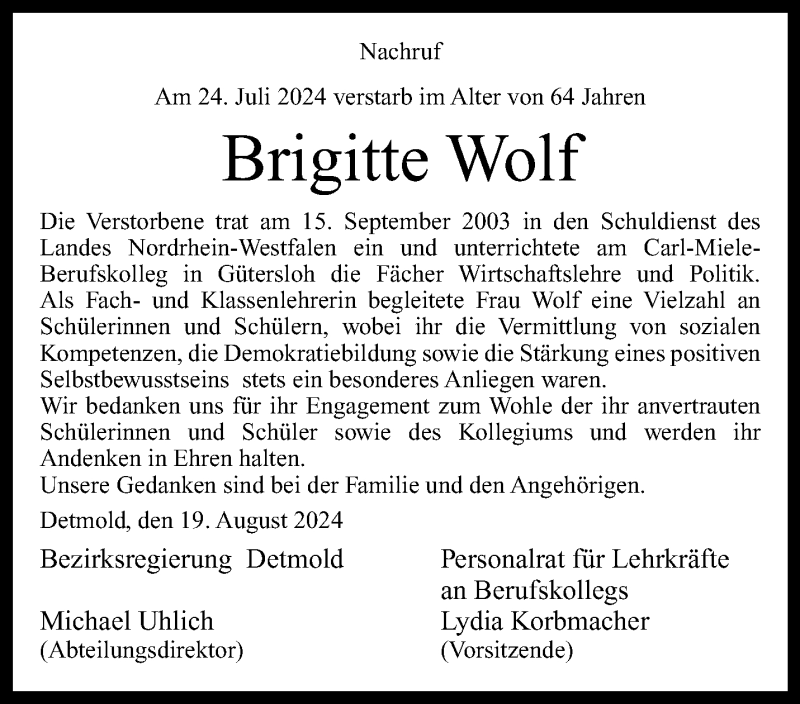  Traueranzeige für Brigitte Wolf vom 24.08.2024 aus Westfalen Blatt