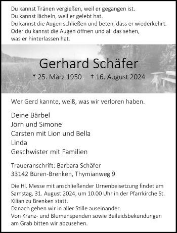 Traueranzeige von Gerhard Schäfer von Westfalen Blatt