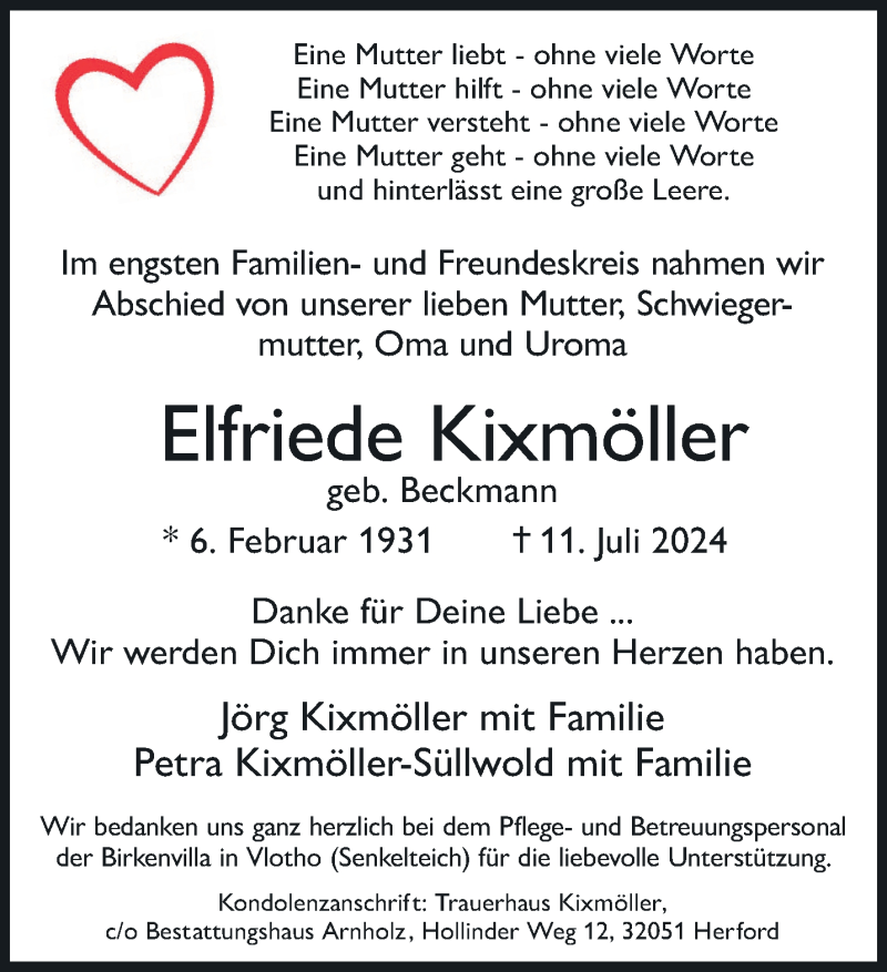  Traueranzeige für Elfriede Kixmöller vom 17.08.2024 aus Westfalen Blatt