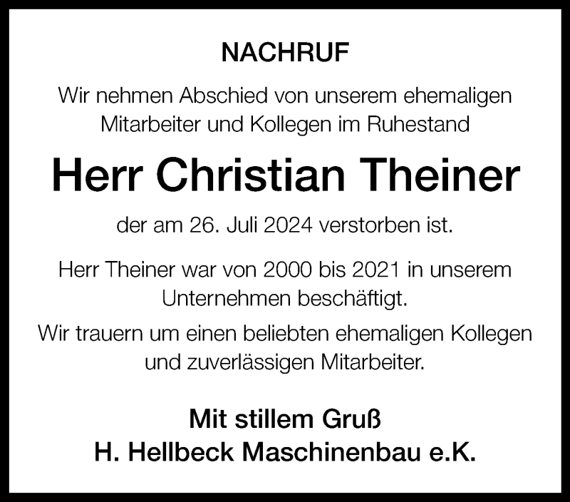  Traueranzeige für Christian Theiner vom 09.08.2024 aus Westfalen Blatt