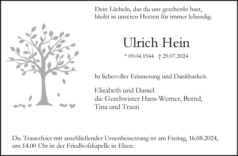  Traueranzeige für Ulrich Hein vom 10.08.2024 aus Westfalen Blatt